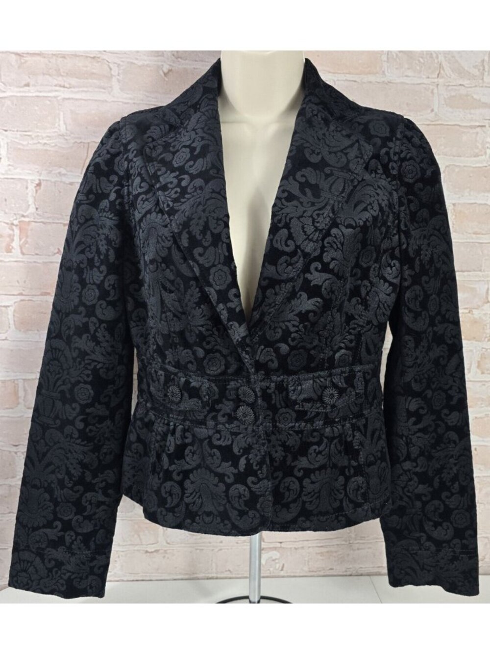 Ann Taylor Loft Long Sleeve Fitted Button Up Jacket Black Damask Velvet Women 4